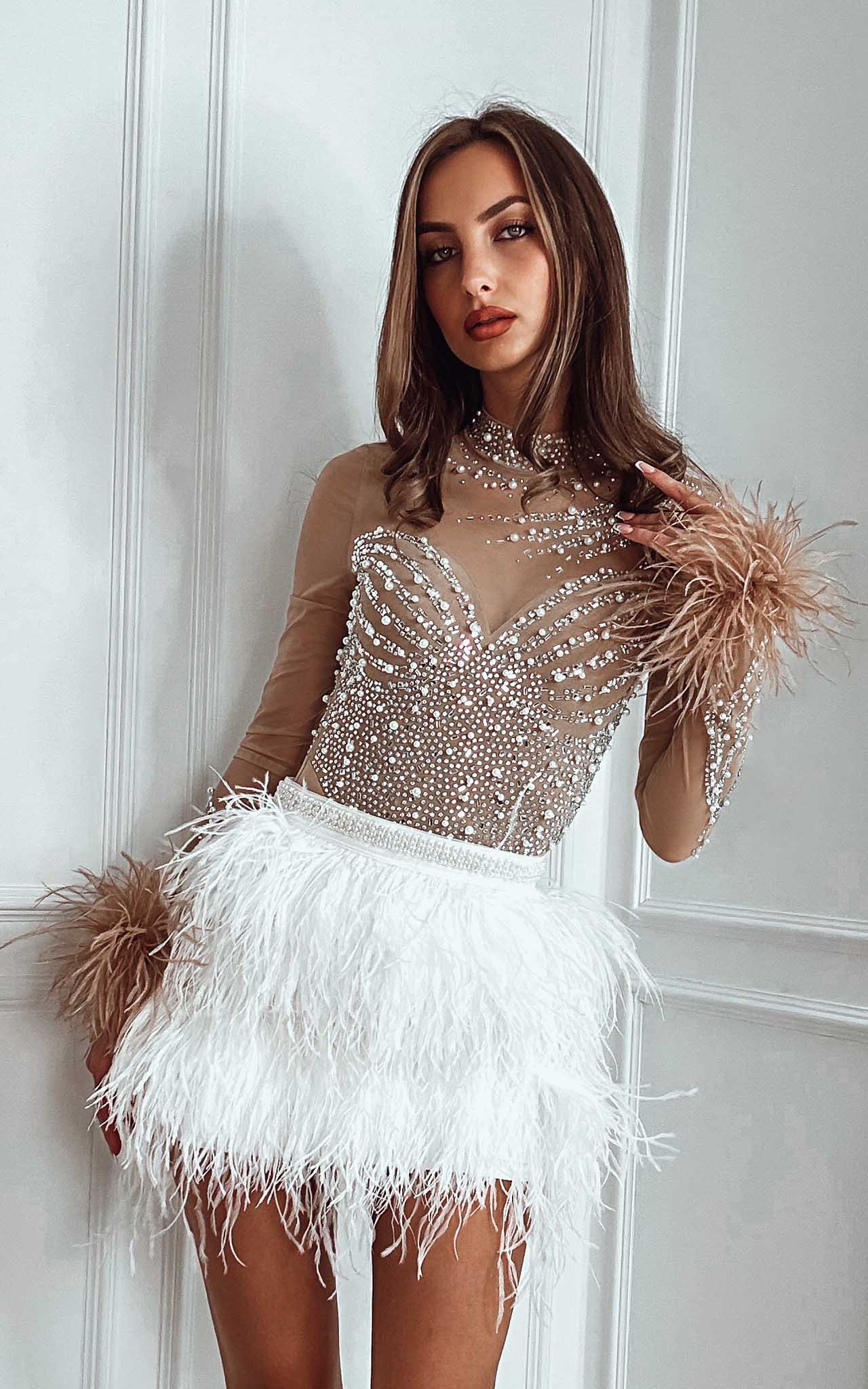 The Glamiest around White Embellished Bodysuit With Feathers cuffs