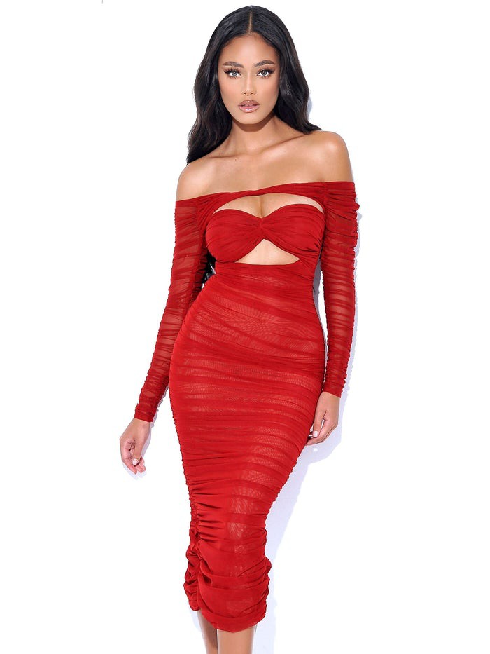 Red cold shoulder midi hot sale dress