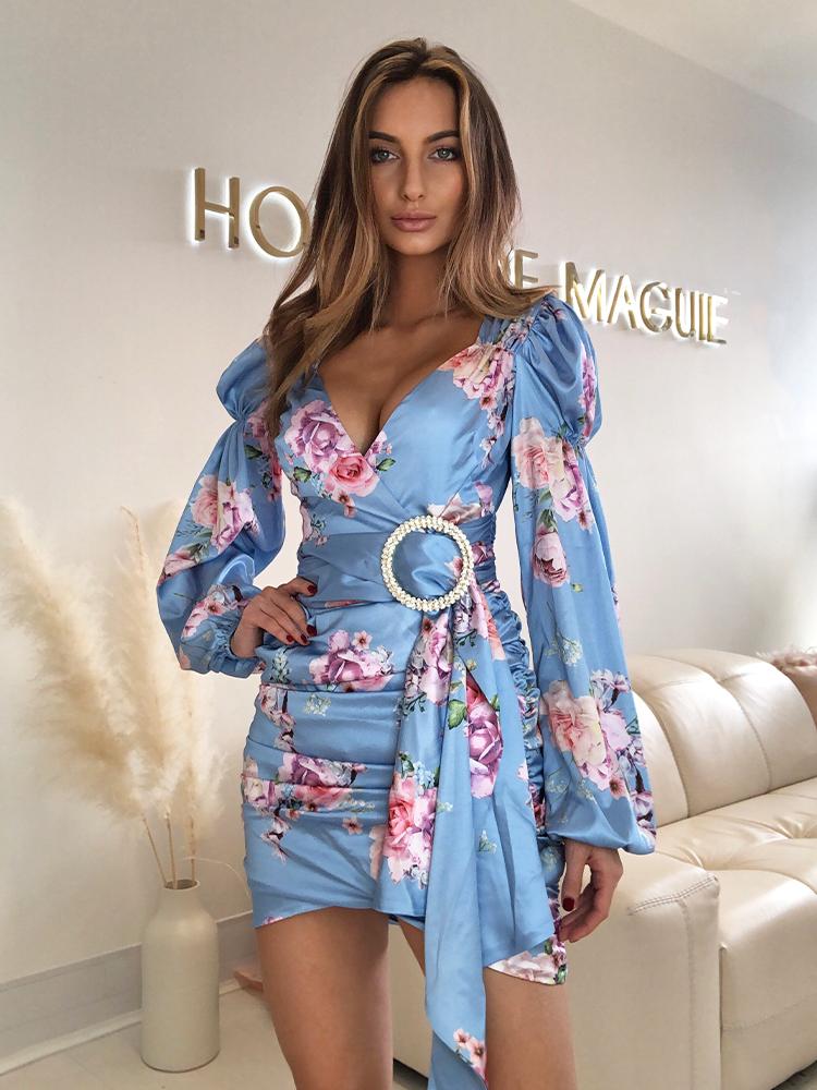 Mari Sky Blue Satin Floral Print Puff Sleeves Wrap Dress – HOUSE