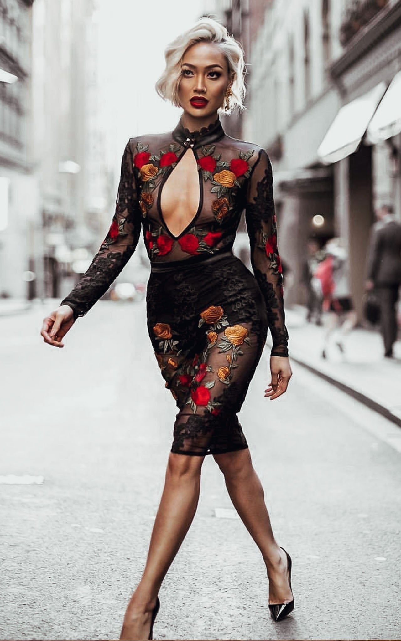 Women's Black Sheer Mesh Lace Insert Maxi Dress