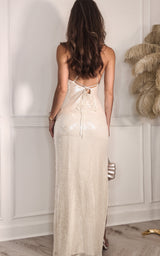 Sip & Sparkle Oyster Sequin High Neck Open Back Side Slit Maxi Dress