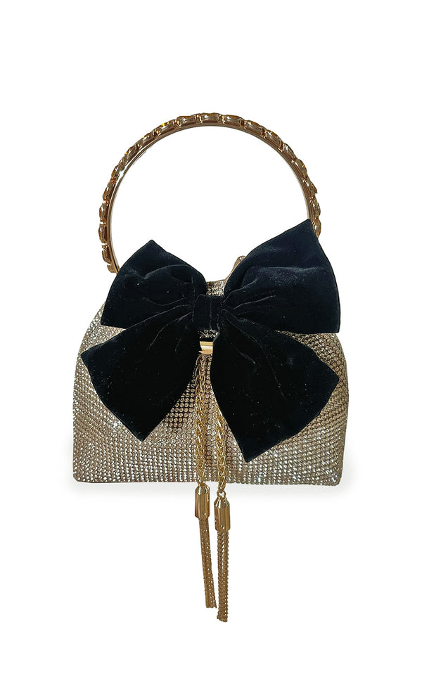 La Bonbonniere Black Bow Gold Rhinestone Embellished Evening Clutch Bag