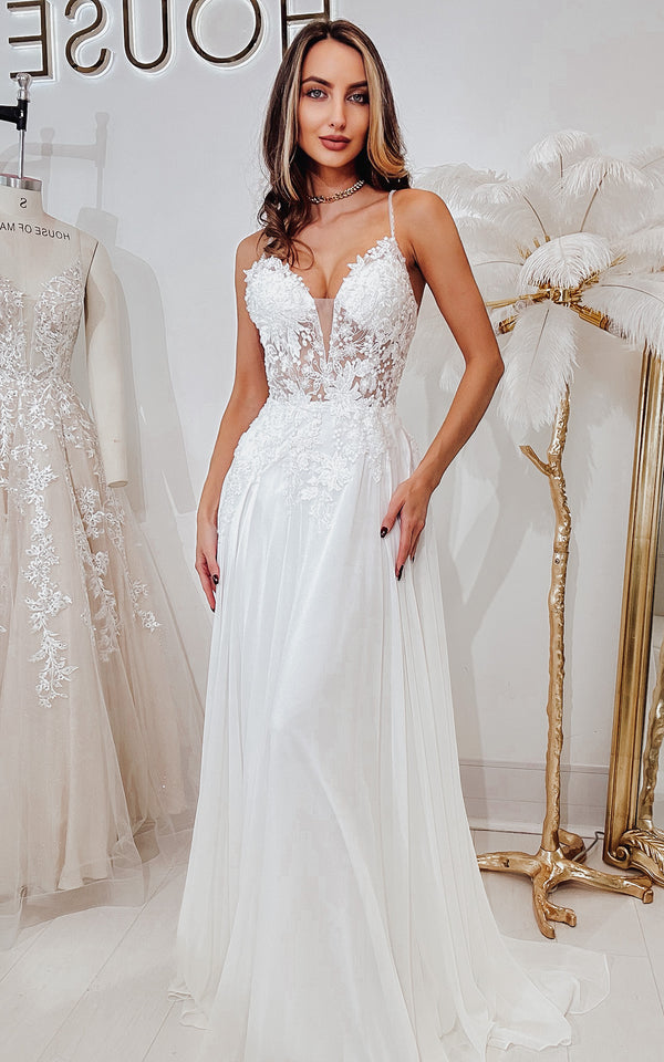 Lace bridal bodysuit with deep V neckline and tulle skirt with