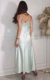 Guest Of Honour Mint Green Satin Mid Dress With Feathers Embellished