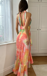 Aurora Pastel Multi Coloured Gold Halter Detail Deep V Neckline Backless Thigh Slit Frill Summer Maxi Dress