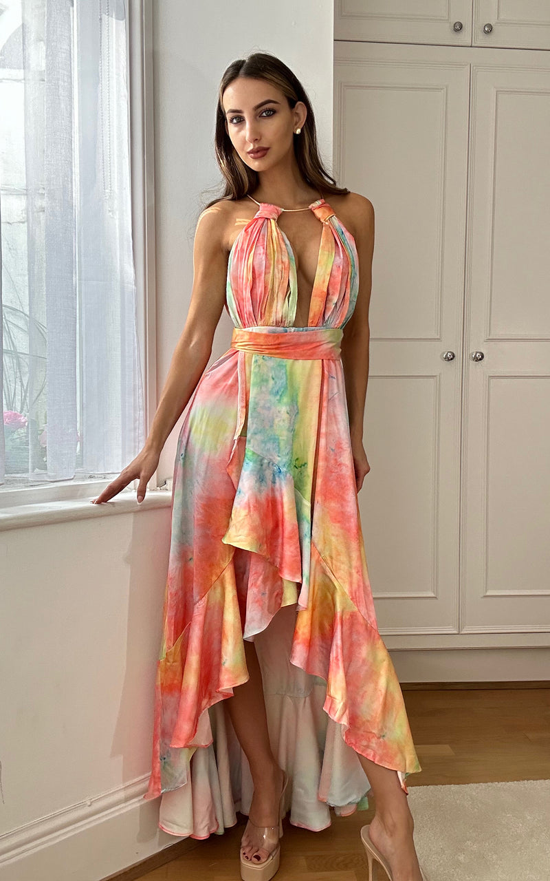 Aurora Pastel Multi Coloured Gold Halter Detail Deep V Neckline Backless Thigh Slit Frill Summer Maxi Dress