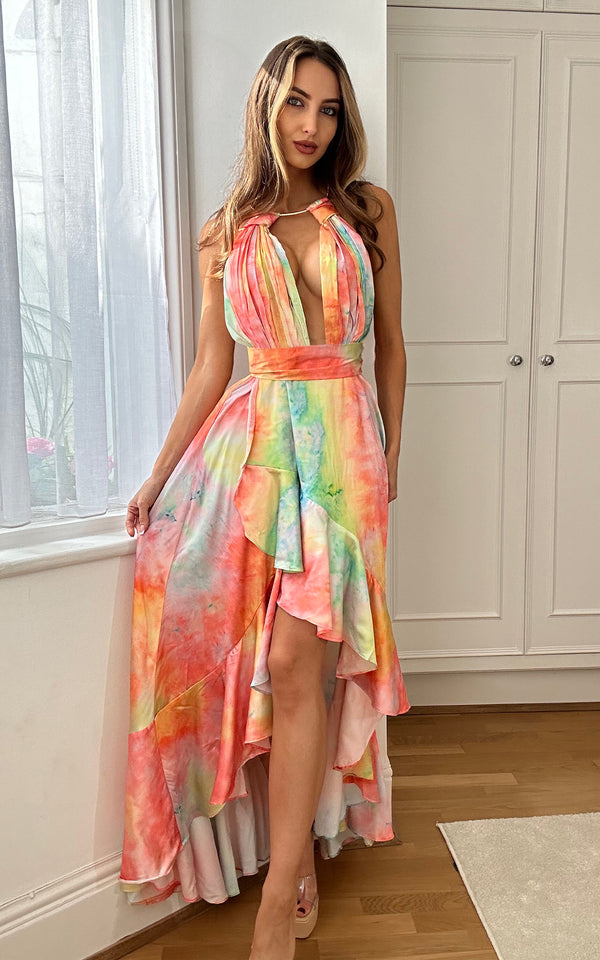 Aurora Pastel Multi Coloured Gold Halter Detail Deep V Neckline Backless Thigh Slit Frill Summer Maxi Dress