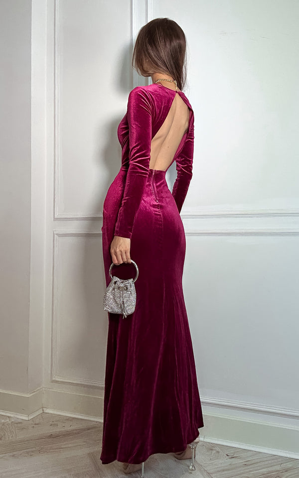 Refined Berry Velvet Long sleeve Thigh Slit Low Back Detail Maxi Dress