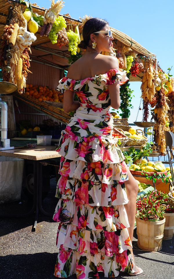 Belíssima Cold Shoulder & Thigh Slit Ruffled Floral Print Summer Dress
