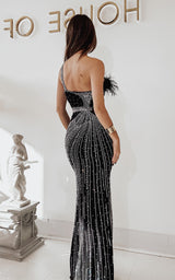 Icon Black Crystal Embellished Asymmetric Feather Trim Maxi Dress