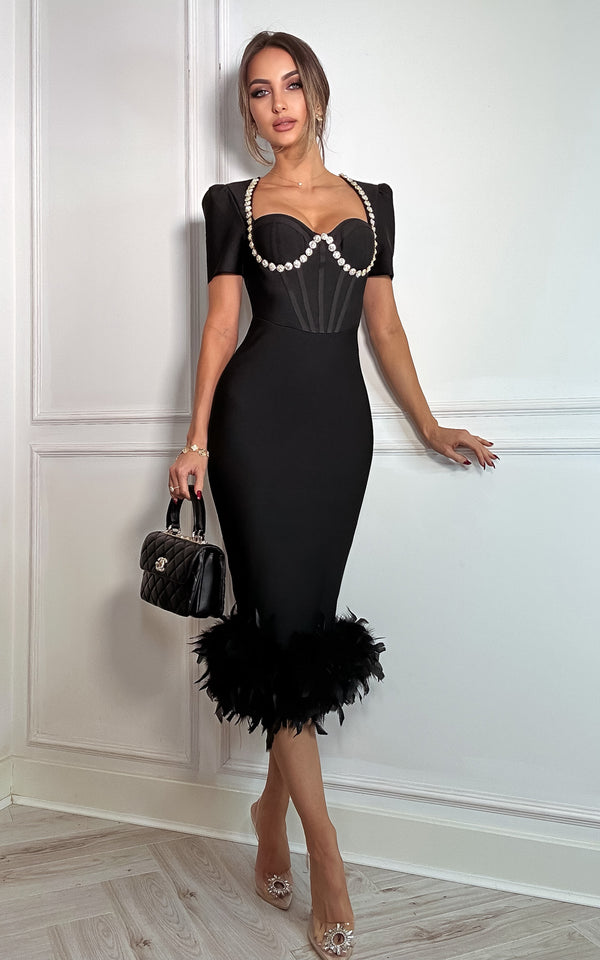 Dear Darling Black Padded Bustier Short Sleeve Body Contouring Feather Trim Midi Dress