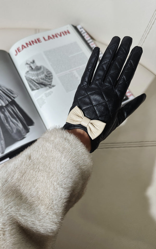 She's No.5 Black Quilted Faux Leather Beige Bow Detail Gloves