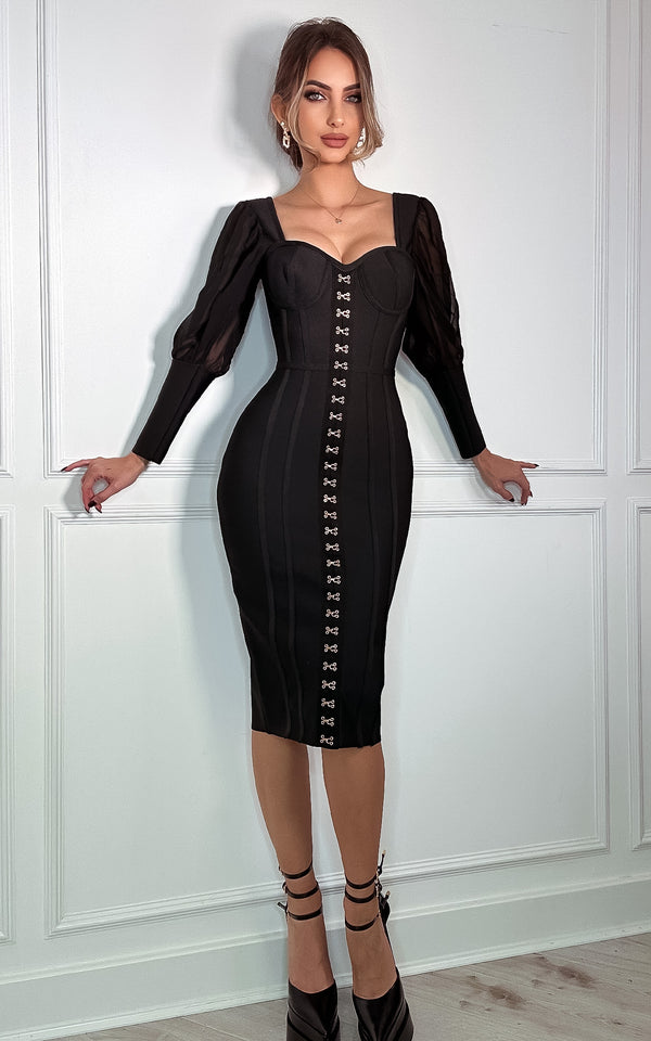 Melania Black Puff Sleeves Gold Hooks Cocktail Bandage Midi Dress