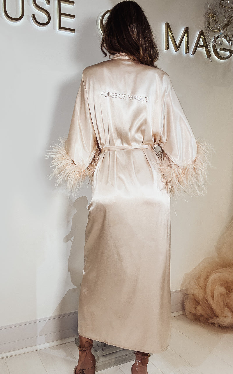 I do Dazzle Champagne Blush Satin Feather Cuff Gown