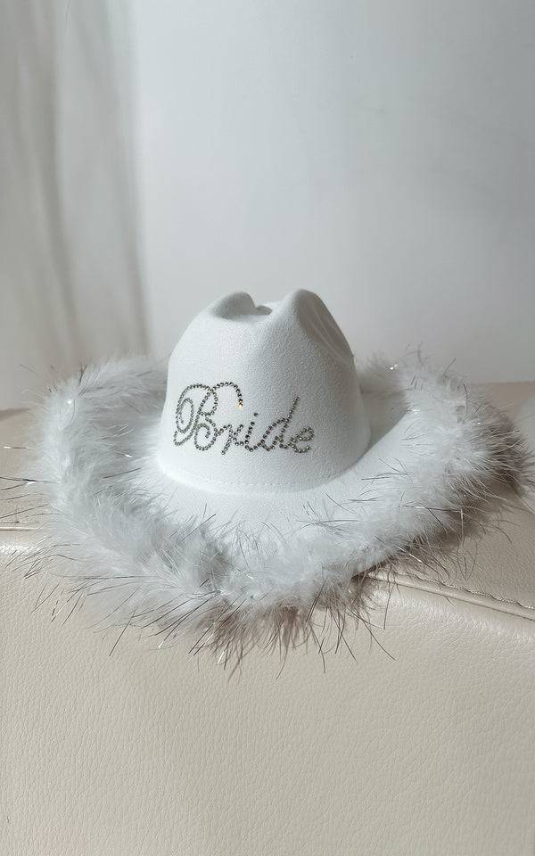 Rodeo Bride White Crystal Encrusted Feather Trim Cowboy Hat