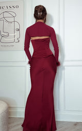 Fine Wine Burgundy Corset Bustier Mesh Bolero Feather Cuff Satin Maxi Dress