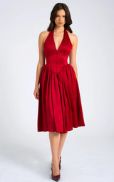 Cara Red Plunge Halter Neckline Backless Midi Dress