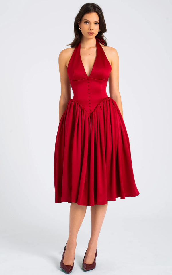 Cara Red Plunge Halter Neckline Backless Midi Dress