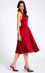 Cara Red Plunge Halter Neckline Backless Midi Dress