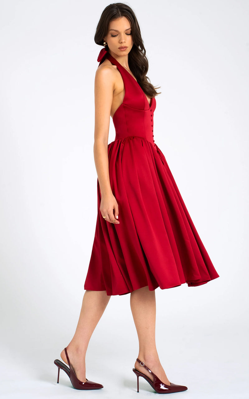 Cara Red Plunge Halter Neckline Backless Midi Dress