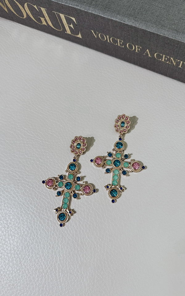 Cross Turquiose & Pink Rhinestone Encrusted Drop Earrings