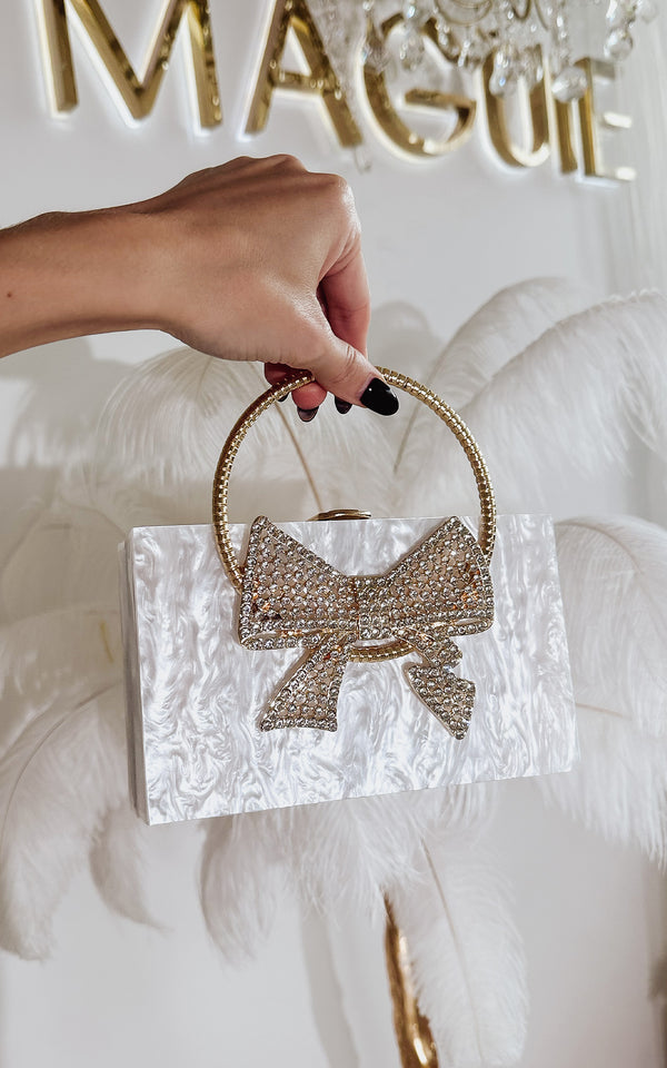 Cute as Bow Squared Crystal Encrusted Bow Top Handle Clutch Party Bag