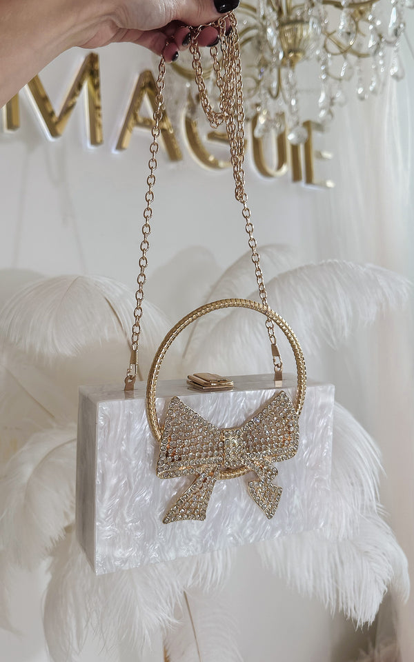 Cute as Bow Squared Crystal Encrusted Bow Top Handle Clutch Party Bag