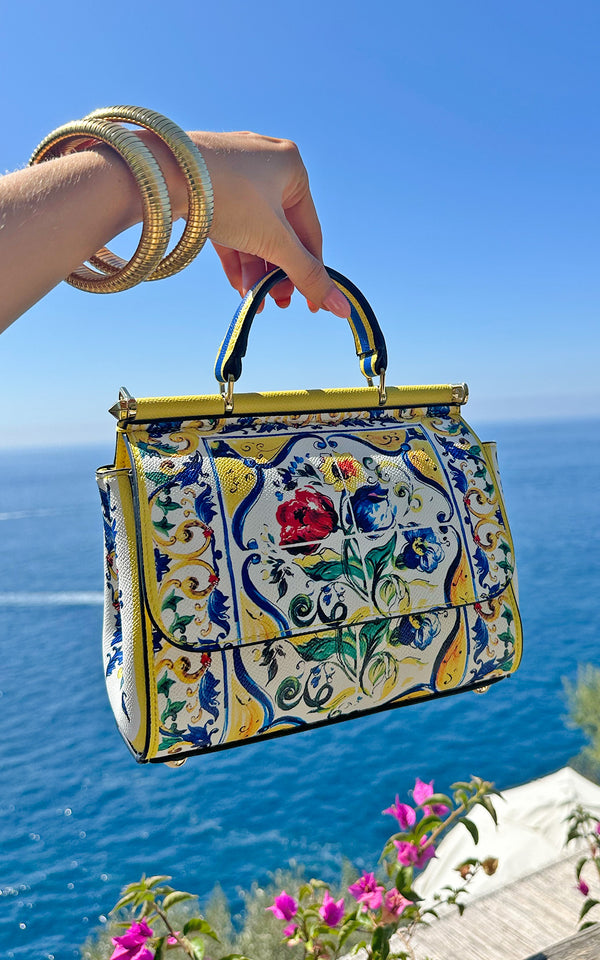 La Dolce Vita Italian Majolica Tiles Print Designer Inspired Hand Bag Mini