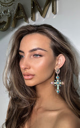 Cross Turquiose & Pink Rhinestone Encrusted Drop Earrings