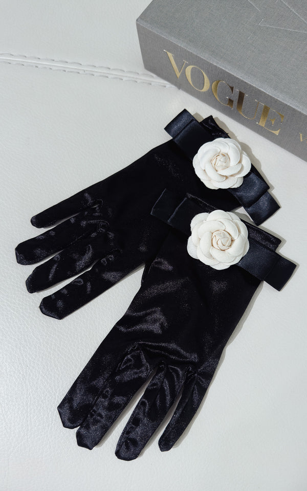 Timeless Elegance Black Satin Camellia Flower Gloves