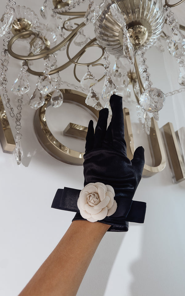 Timeless Elegance Black Satin Camellia Flower Gloves