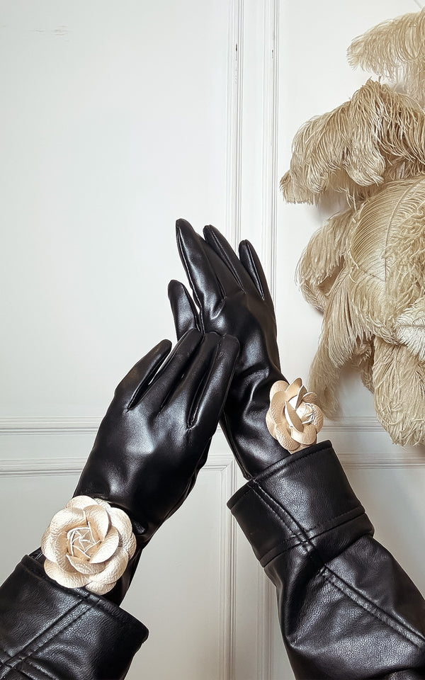 Gold Camellia Flower Detail Leather Gloves