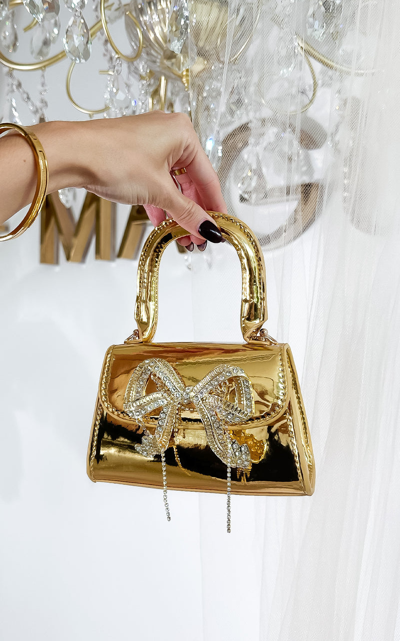 Dear Darling Gold Bow Crystal Embellished Top Handle Bag