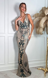 Stunning Allure Emerald Green Sequin Embroidered Design Maxi Dress