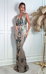 Stunning Allure Emerald Green Sequin Embroidered Design Maxi Dress