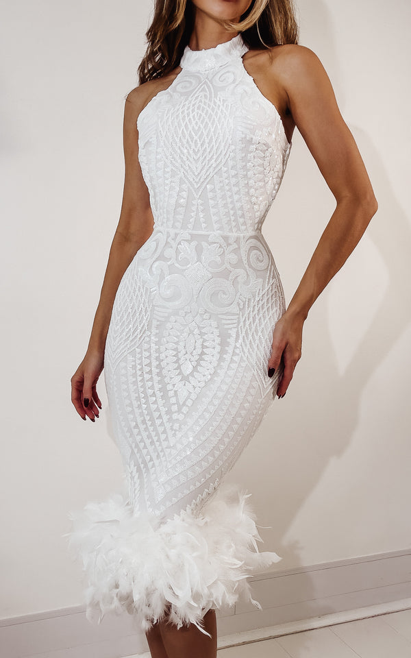 Orchestra White Sequin Embellished High-Neck Midi Occasion Dress