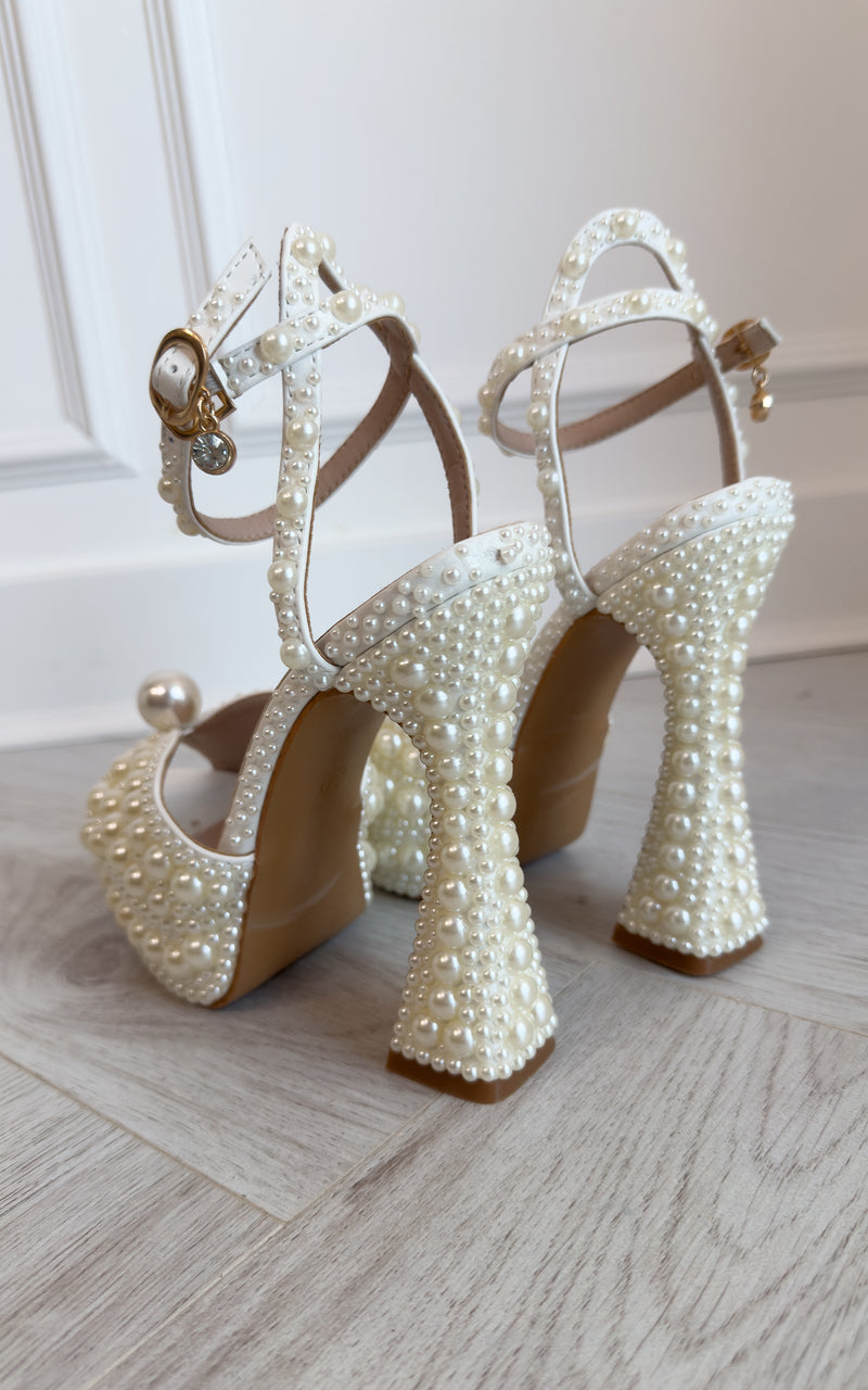 Pearls in Love Pearl embellished Peep Toe Ankle Strap Platform Wedding Elegant Bridal Shoes