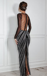 Glam Moments Black Curve Creator Abstract Design Crystal Embellished Long Sleeve Maxi Dress