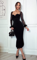 I'm your Type Black Padded Sweetheart Neckline Long Sleeve Feather Cuff Mermaid Style Midi Dress