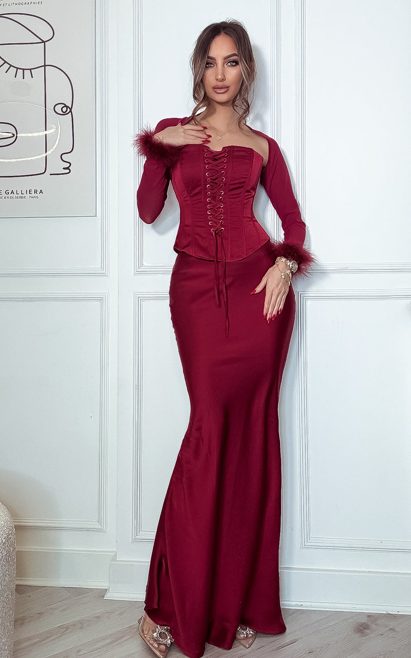 Fine Wine Burgundy Corset Bustier Mesh Bolero Feather Cuff Satin Maxi Dress