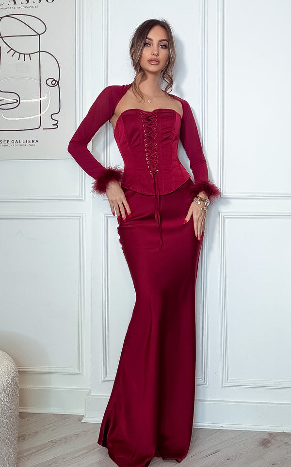 Fine Wine Burgundy Corset Bustier Mesh Bolero Feather Cuff Satin Maxi Dress