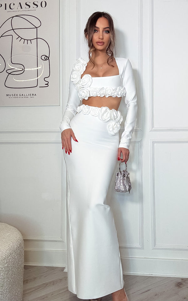 Trophy Wifey White Flower Embroidered Detail Long Sleeve Crop Top & Bandage Maxi Skirt Co-ord Matching set