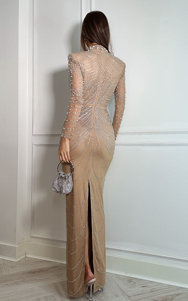 Epitome of Luxe Nude Crystal & Pearl Embellished High Neck Shoulder Padded Long Sleeve Maxi Dress