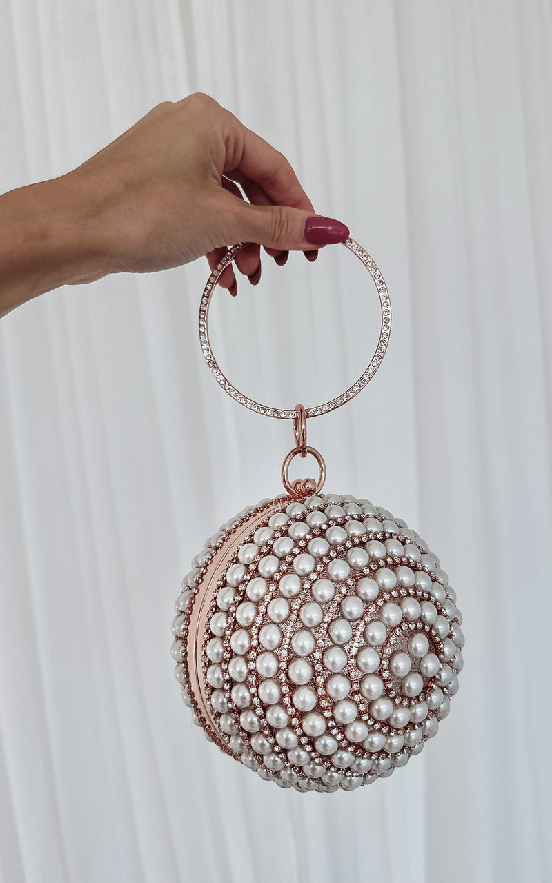 Fireball Pearl Rose Gold Rhinestone Encrusted Round Top Handle Party Bag