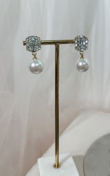 Madame Tussauds Rectangular Diamond Encrusted Pearl Dangle Earrings