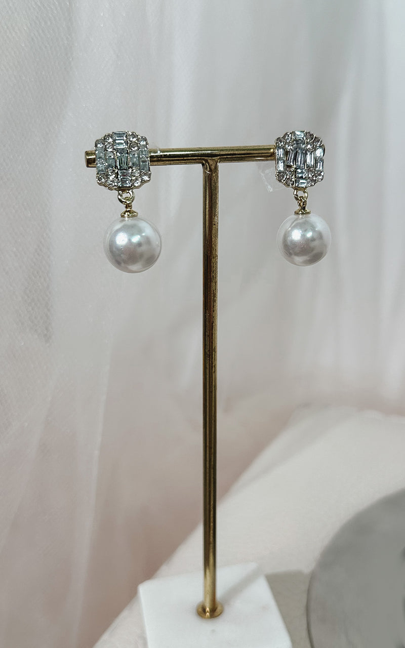 Madame Tussauds Rectangular Diamond Encrusted Pearl Dangle Earrings