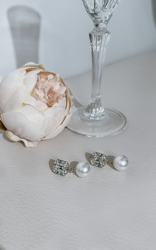 Madame Tussauds Rectangular Diamond Encrusted Pearl Dangle Earrings