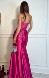 Lover Girl Fuchsia Crystal Embellished Strapless Corset Ruched Detail Thigh Slit Maxi Dress