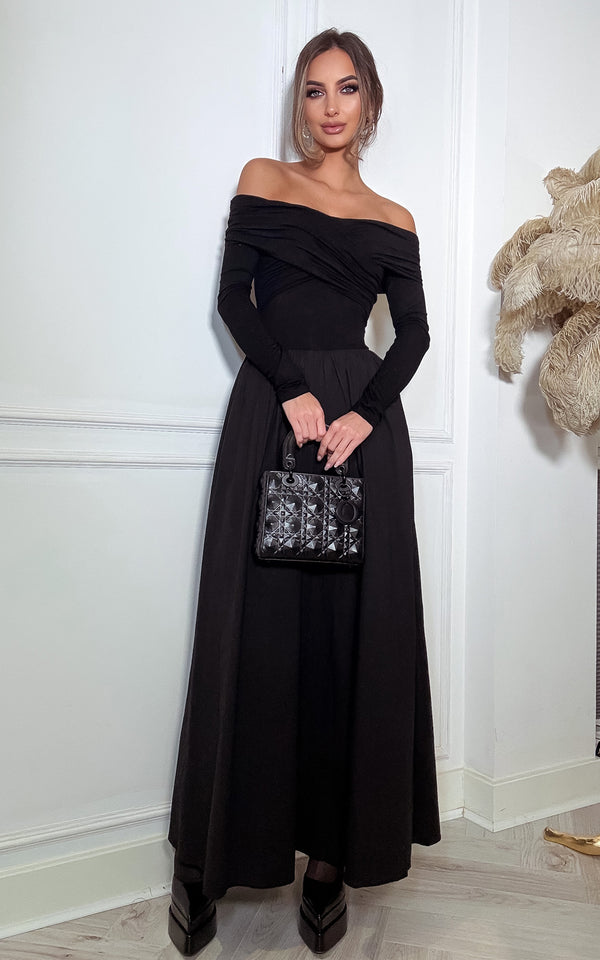 Luxe Simplicity Black Off-the-shoulder Long Sleeve Full Skirt Maxi Dress