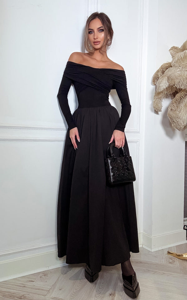 Luxe Simplicity Black Off-the-shoulder Long Sleeve Full Skirt Maxi Dress